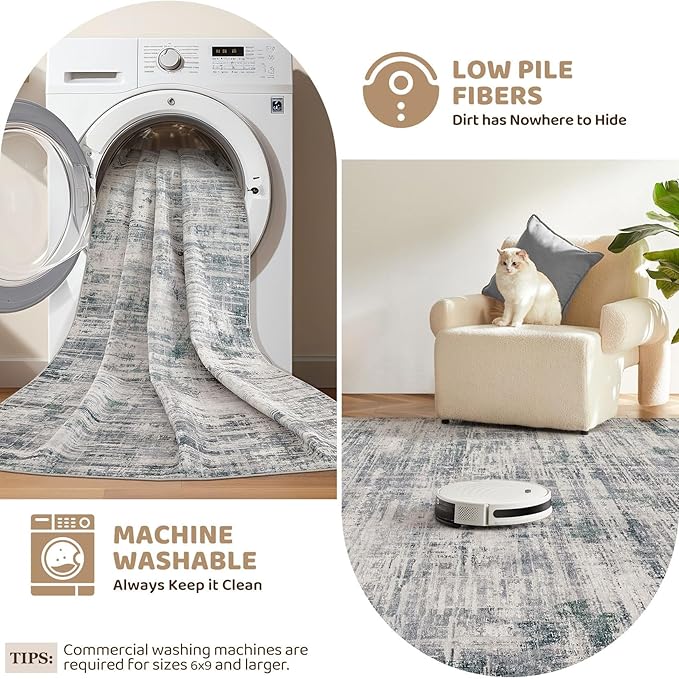 Area Rug for Living Room: 6x9 Washable Neutral Abstract Modern Soft Rugs Non Slip Indoor Floor Stain Resistant Large Carpet for Bedroom Dining Room Office Nursery - Gray