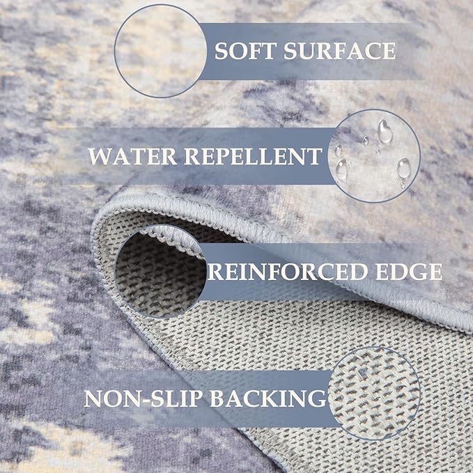 Washable Area Rugs 8'x10' Non-Slip Modern Abstract Soft for Living Room Entryway Bedroom Nursery, Print Pattern, Purple Grey Cream Yellow