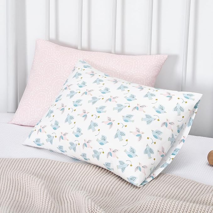 TILLYOU Toddler Pillowcase 2 Pack with Envelope Closure,13" x 18" Silky Soft Microfiber Travel Kids Pillowcase for Boys and Girls, Lucky Pony Peace Dove&Big Pink Flower