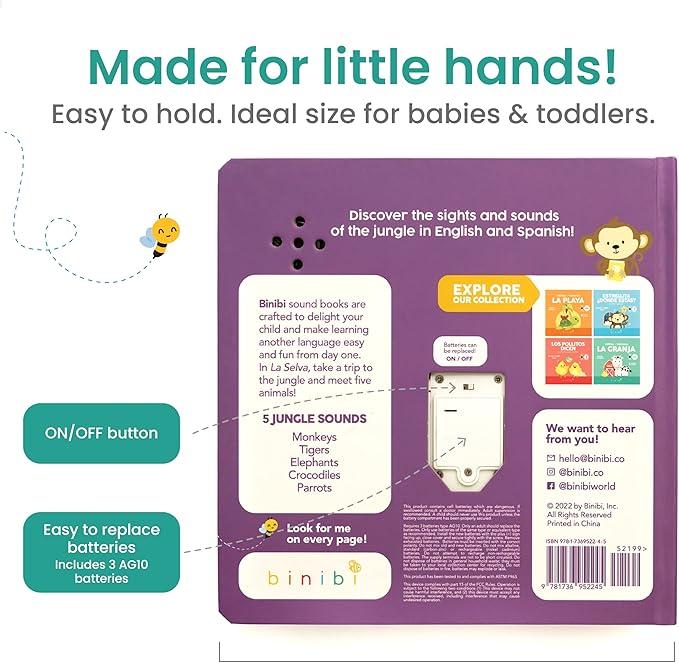 Binibi Spanish Books for Babies & Toddlers 1-3 La Selva Bilingual Sound Book with Jungle Animal Sounds | Bilingual Children's Book | Support Spanish Learning for Kids | Libro en español para bebés
