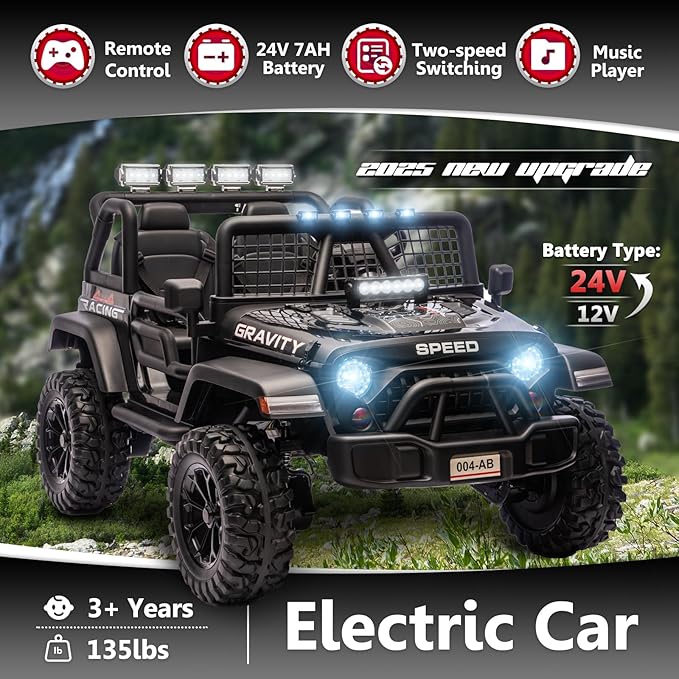 Sopbost 24V 7Ah 2 Seater Ride On Truck Ride On Toy for Big Kids Ride On Car with Remote Control Off-Road Electric Car with Shock Absorber, LED Lights, Bluetooth Music Player, EVA Tires, Black