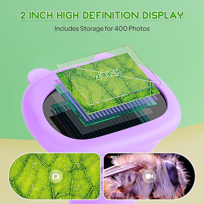 Microscope for Kids 200x Zoom 2-Inch HD Kids Microscope Camera - STEM Learning Kit | Portable Science Tool | Perfect for Ages 3-12 Girls | Purple