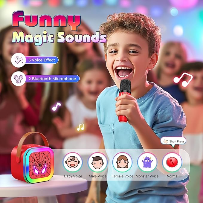 LED Karaoke Machine Toy: Mini Microphone for Kids 4 5 6 7 8 9 10 Year Old Boys Girls Toys Birthday Gifts Portable Bluetooth Speaker with 2 Wireless Mics for Adults Boy Girl Ages 3-12