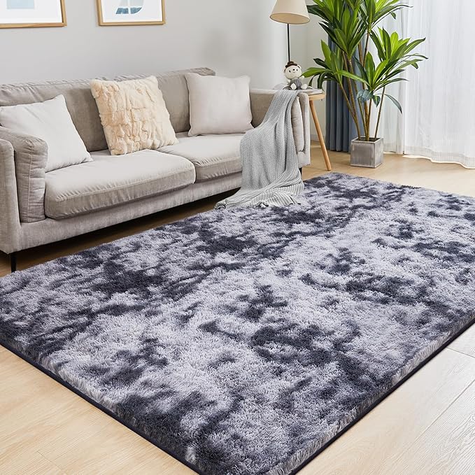 9x12 Fluffy Rugs for Living Room, Ultra Soft Plush Area Rug for Bedroom, Anti-Skid High Pile Indoor Carpet for Nursery, Kids Room, Playroom, Home Decoration, Tie-Dyed Dark Grey