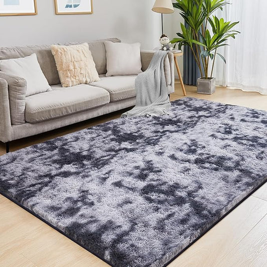 9x12 Fluffy Rugs for Living Room, Ultra Soft Plush Area Rug for Bedroom, Anti-Skid High Pile Indoor Carpet for Nursery, Kids Room, Playroom, Home Decoration, Tie-Dyed Dark Grey
