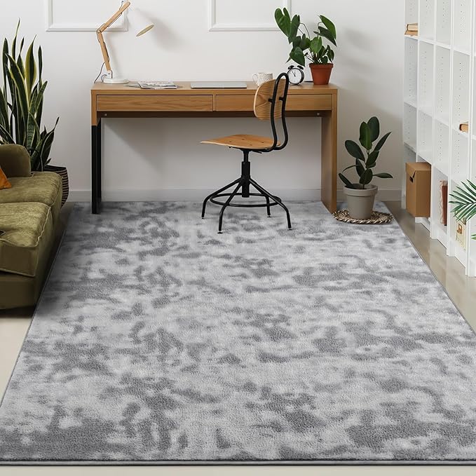 Kimicole 6x9 Washable Area Rugs for Living Room Bedroom, Large Low Pile Ulta-Thin Solid Color Rug, Non-Slip Soft Fluffy Carpet for Nursery Kids Room Dorm Room Home Decor (Light Grey)