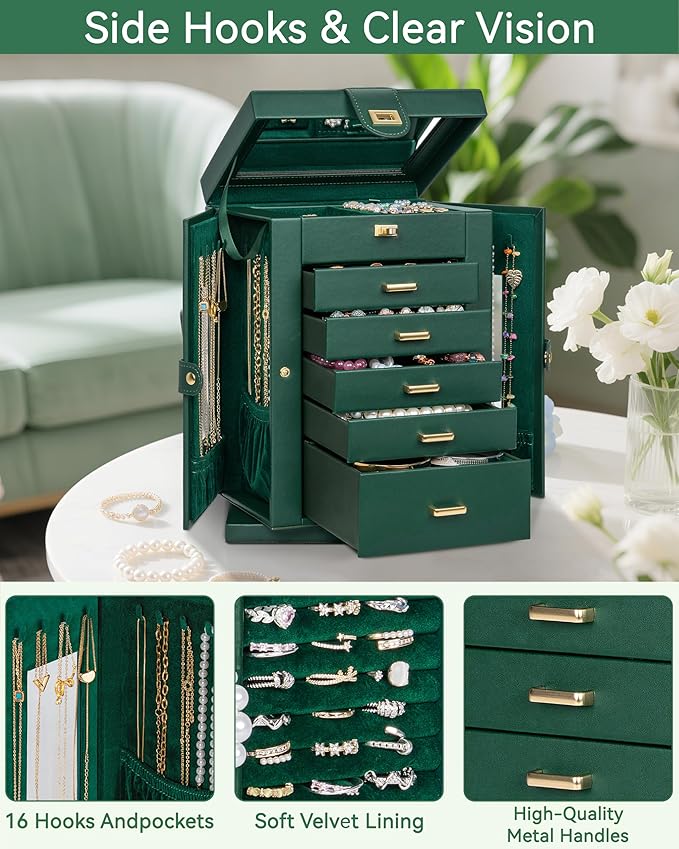 AKOZLIN 360° Rotating Jewelry Box 6-Tier Organizer Functional Jewelry Storage Case for Women Girls Ring Necklace Earring Bracelet Holder with Mirror