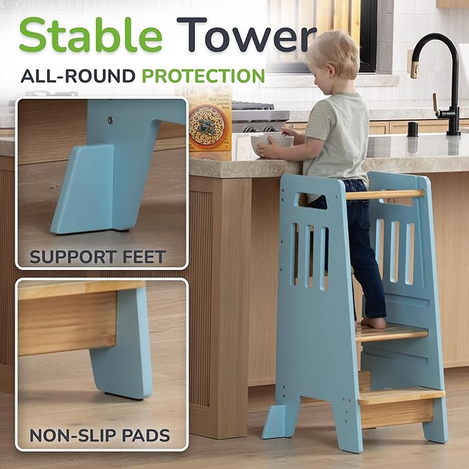 Toddler Tower with a Sliding Door and 3 Adjustable Heights - Complete Toddler Kitchen Stool Helper with Support Feet - Safe Design for 18+ Months to 6-Year-Old Kids - Blue