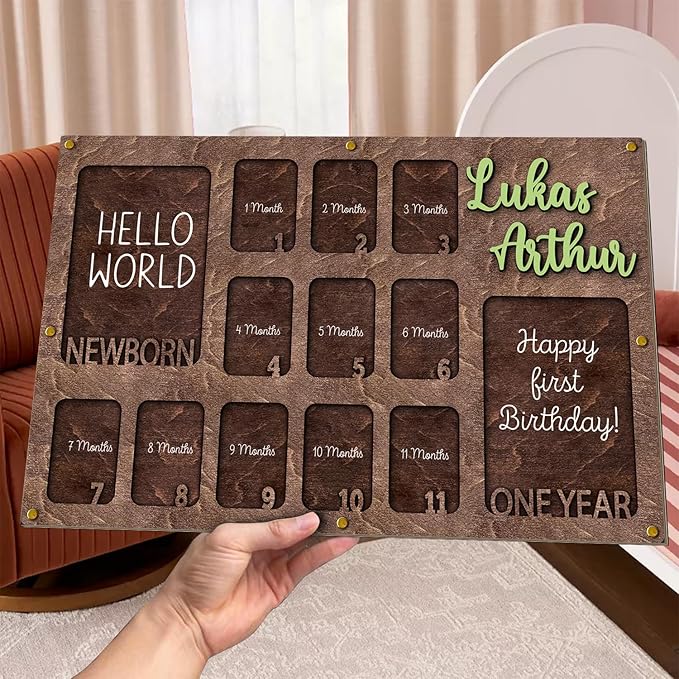 Personalized My First Year Photo Frame | 12 Months Picture Frame For Baby First Year | Displays Two 4x6 Photo and Eleven 2x3 Pictures | Birthday Party Decor Newborn Memory Keepsake, Style MP1