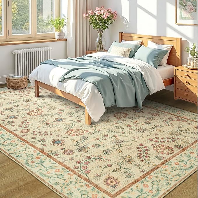 LOCHAS Washable Area Rugs 4x6, Beige Floral Rug for Living Room Bedroom Non Slip, Ultra Soft Vintage Indoor Carpet for Kids, Nursery, Dorm, Dining Room, Classroom, Boho Flower Home Decor, Low-Pile