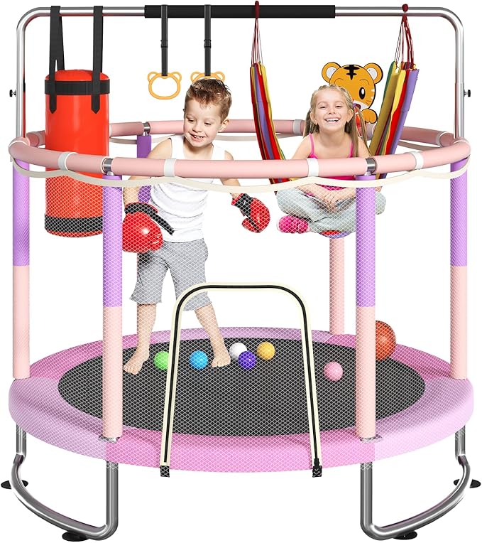 Trampoline for Kids, Upgrade Full Anti-Rust 440lbsToddler Trampoline with Net, Upgraded Ring Legs with Adjustable Gymnastics Bar&Toys, Gifts for Ages 1-8 Boys&Girls