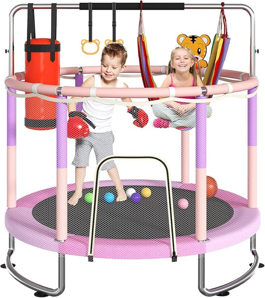 Trampoline for Kids, Upgrade Full Anti-Rust 440lbsToddler Trampoline with Net, Upgraded Ring Legs with Adjustable Gymnastics Bar&Toys, Gifts for Ages 1-8 Boys&Girls