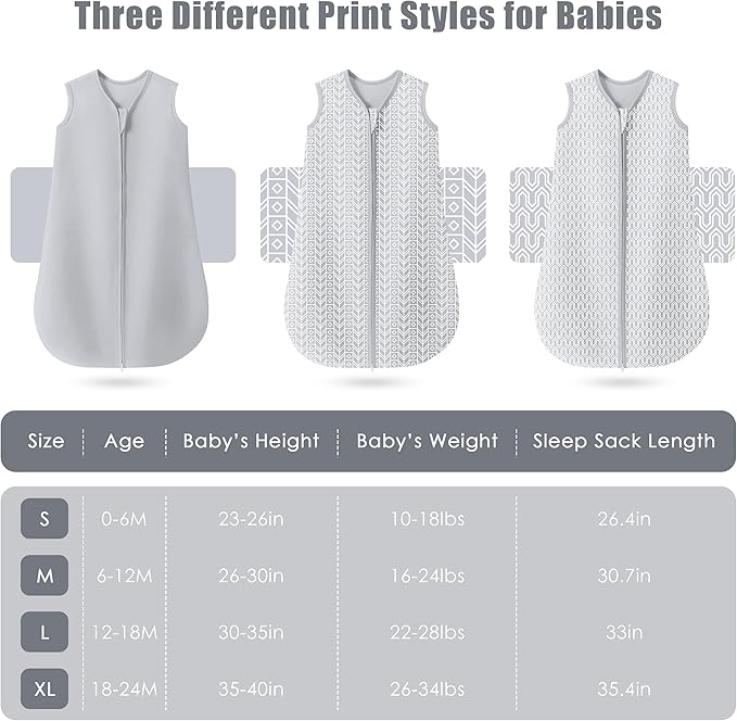 SWEET DOLPHIN Baby Sleep Sack 12-18 Months - 100% Cotton 2-Way Zipper TOG 0.5 Infant Wearable Blanket, Newborn Essentials Toddler 3 Pack Sleeping Sacks - Grey