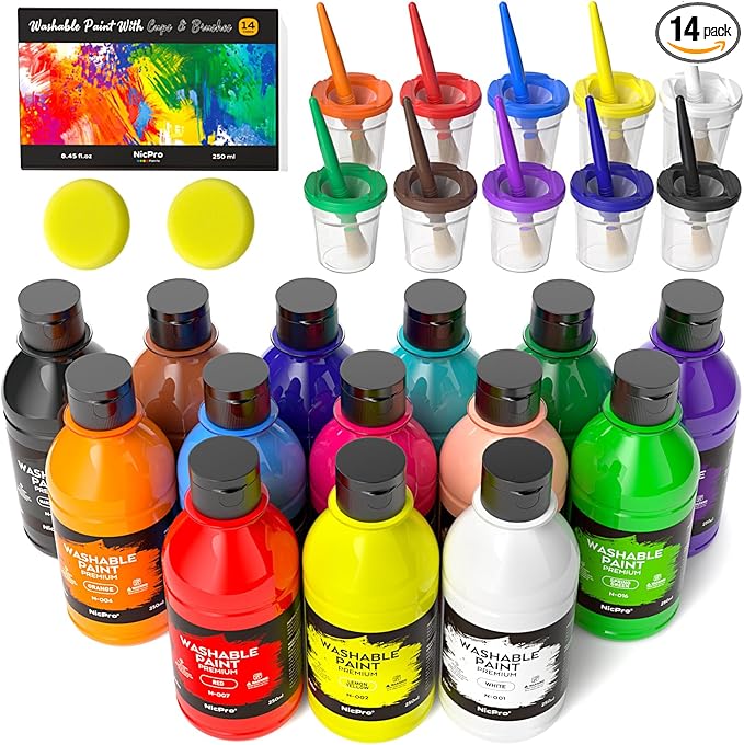 Nicpro 14 Colors Large Washable Paint for Kids 8.45oz/250ml, Non Toxic Children Tempera Finger Paints with Paint Brushes, Cups and Sponge for Art, Poster, School, Classroom, Craft DIY, Children