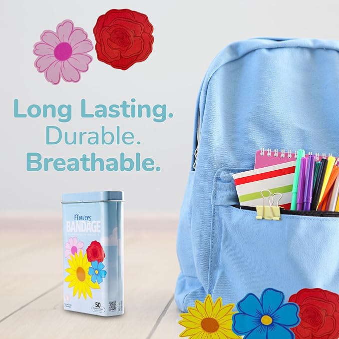 BioSwiss Bandages, Flowers Shaped Self Adhesive Bandage, Latex Free Sterile Wound Care, Fun First Aid Kit Supplies for Kids and Adults, 50 Count