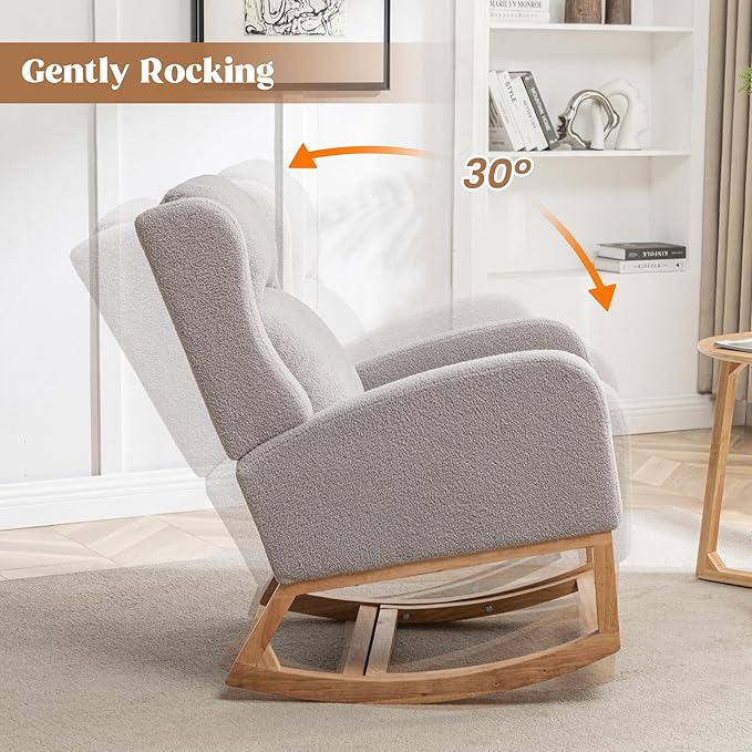 Rocking Chair Nursery, Nursing Rocking Chairs for Mom Nursery, Comfy Wingback Glider Rocking Armchair with Foot Rest and Side Pocket for Nursery Living Room Bedroom, Teddy Grey