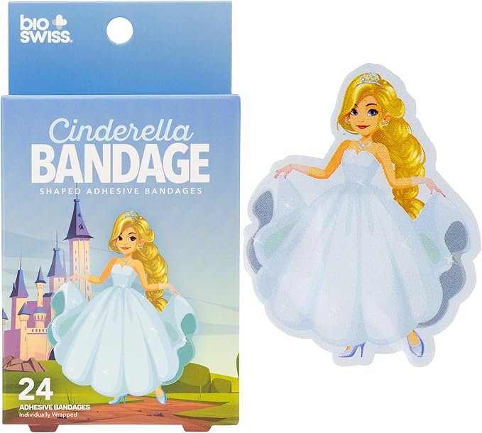 BioSwiss Bandages, Princess Cinderella Shaped Self Adhesive Bandage, Latex Free Sterile Wound Care, Fun First Aid Kit Supplies for Kids and Adults, 24 Count