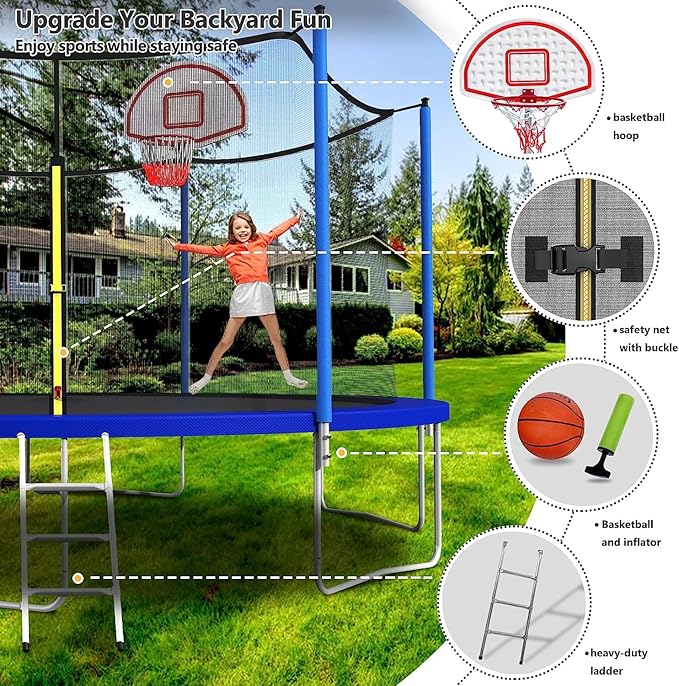 Upgraded 10/12/14/15/16FT Trampoline Outdoor, Large Kids Trampoline with Light, Stakes, Sprinkler, Backyard Trampoline with Basketball Hoop and Net, Capacity for 4-6 Kids and Adults