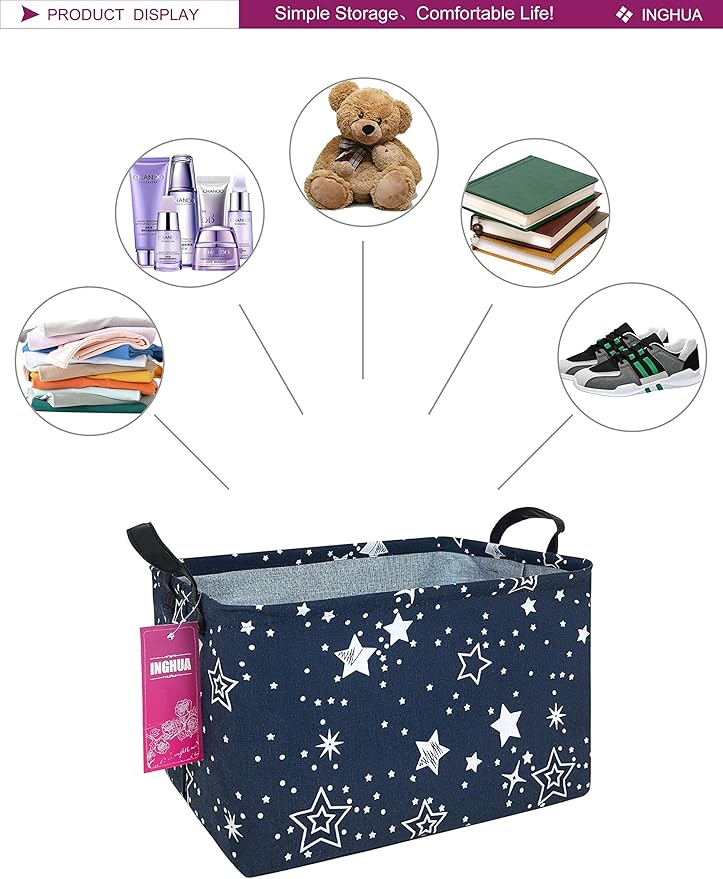 Rectangular Storage Basket Fabric Organizer Bin for Toys,Books,Clothes,Gifts,Pets-Perfect for Home,Office,Nursery,Dorm,Shelf(Rec-Blue star )