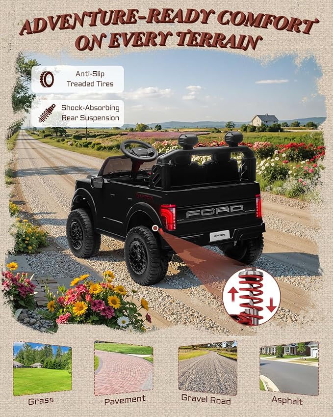 24V Ride on Toys for Big Kids, Licensed Ford F-150 Raptor 2 Seater Kids Ride on Car w/Remote Control, Toddler Electric Car w/LED Lights, Bluetooth, Truck Bed Storage, Soft Start (Black)