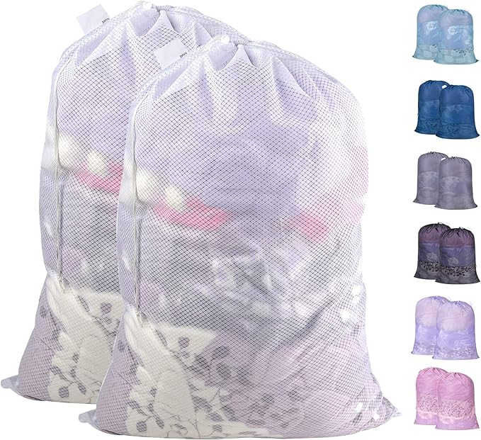 Polecasa Diamond Mesh Laundry Bags, 2Pcs 24 x 36 inches Heavy Duty Mesh Laundry Bag with ID Tag and Drawstring Closure, Large Laundry Hamper Liner, Laundry Bag for Travel, Sports, Dorms (White)