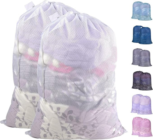 Polecasa Diamond Mesh Laundry Bags, 2Pcs 24 x 36 inches Heavy Duty Mesh Laundry Bag with ID Tag and Drawstring Closure, Large Laundry Hamper Liner, Laundry Bag for Travel, Sports, Dorms (White)