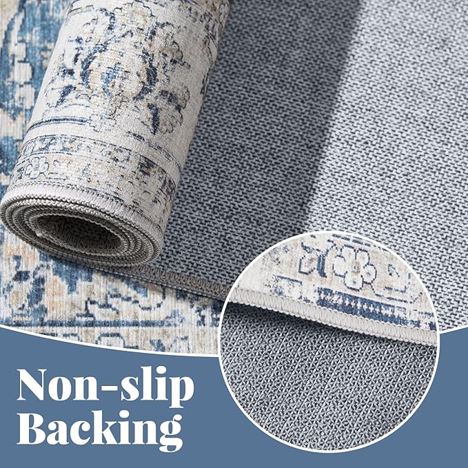 jinchan Long Hallway Runner Rug 2x12 Machine Washable Runner Rug Dark Blue Vintage Floral Design Non-Slip Ultra-Thin for Kitchen Laundry Room Bedroom Farmhouse (2‘x12',Dark Blue)