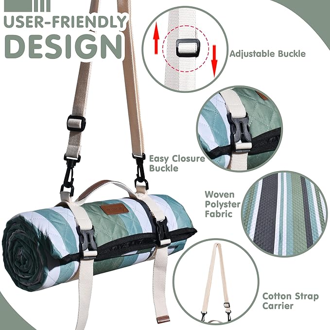 Waterproof Picnic Blanket 80" x 80" in Portable with Carry Strap for Beach Mat or Family Outdoor Camping Party, Park Blanket for Grass Park, Hiking, Travel, Concerts (Green&White, 80" x 80")