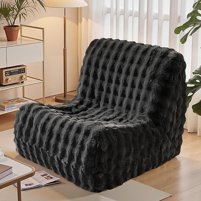 Modern Bean Bag Chair, Large Bean Bag Couch for Adults with Memory Foam Filled, Soft Faux Bunny Fur Lazy Chair for Living Room Bedroom Dorm Apartment, No Assembly Required, Dark Grey