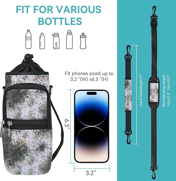 icolor Water Bottle Carrier Bag with Strap 25/32/40 oz Crossbody Bottle Holder with Phone Pocket Sling Sleeve Insulated Neoprene Water Bottle Pouch for Walking Travelling