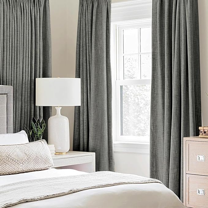 MIULEE Linen Texture Curtains for Bedroom Solid 100% Blackout Thermal Insulated Dark Grey Curtains Grommet Room Darkening Drapes Luxury Decor for Living Room Nursery 52x96 Inch (2 Panels)