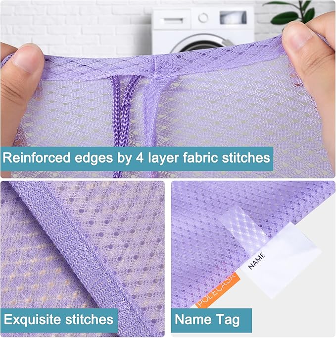 Polecasa Heavy Duty Large Mesh Laundry Bags with ID Tag and Locking Drawstring Closure - 2 Pack, 24 x 36 inches - Laundry Hamper Liner, Washable Laundry Bag for Travel, Sports, Dorms (Purple)