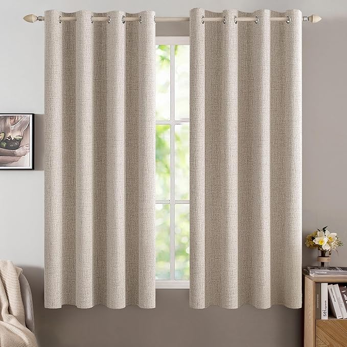 MIULEE Linen Textured Curtains for Bedroom Solid 100% Blackout Thermal Insulated Natural Grommet Room Darkening Curtains & Drapes Luxury Decor for Living Room Nursery 52 x 63 Inch (2 Panels)