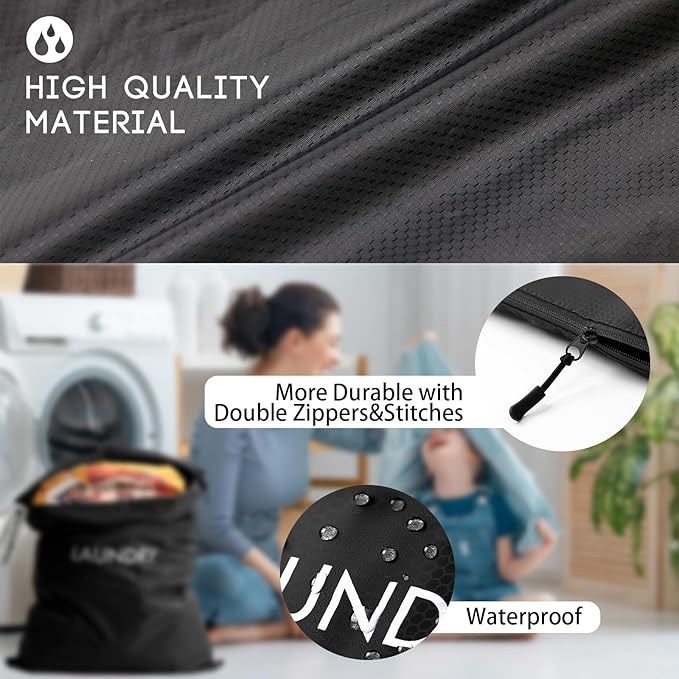 Travel Laundry Bag (2 Pcs - Large + Small) - Foldable Waterproof Washable Wet Dry Bag for Gym, Swimming, Yoga, and Workout Perfect for Dirty Clothes, Bathing Suits, Travel Accessories Black