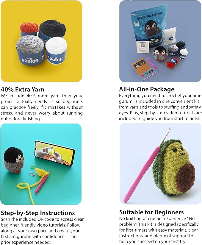 The Gookie Amigurumi Crochet Kit for Beginners – DIY Crochet Kit with Yarn, Hook, Eyes & Stuffing – Easy Starter Set with Video Tutorials – Cute Plush Toy Craft Gift for Kids, Teens & Adults (Penguin)