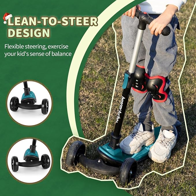 Besrey Kick Scooter for Kids Ages 3-10, 3-Wheel Folding Scooter with Adjustable Height, LED Light Wheels, Extra Wide Deck for Outdoor Activities