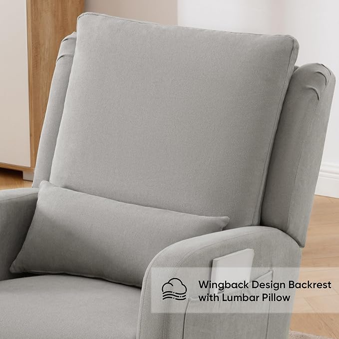 Rocking Chair Nursery, Upholstered Fabric Nursing Rocking Chairs with Lumbar Pillow, Modern Nursery Glider Rocker Morden Accent Rocking Chair for Mom Nursery, Living Room, Bedroom, Grey