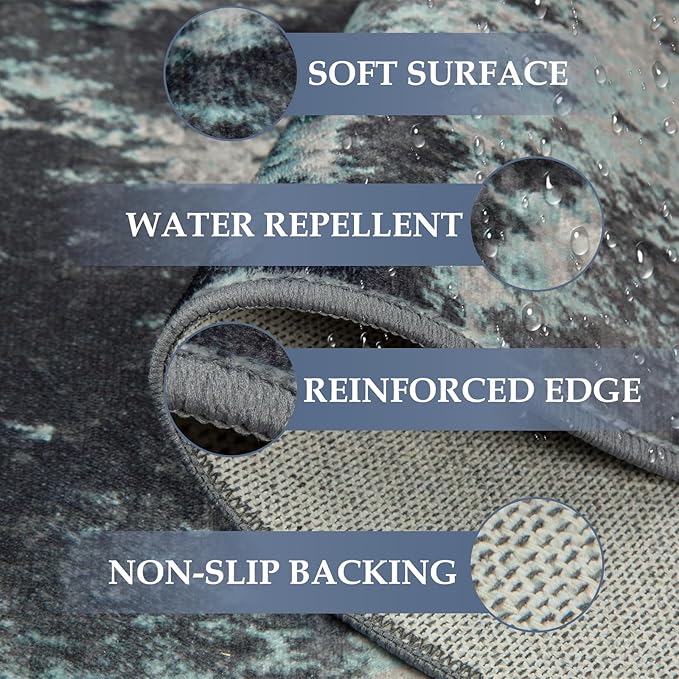 Washable Area Rugs 8ft Non-Slip Modern Abstract Soft for Living Room Entryway Bedroom Nursery, Print Pattern, Blue Black Teal