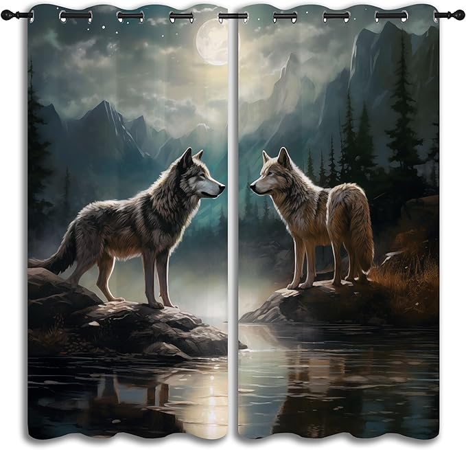 Wolf Blackout Curtains for Boys Girl Bedroom Decor,Moon Mountain Pine Forest Wild Animals Thermal Insulated Grommet Drapes Darkening Window Curtain for Living Room Home 84x63 inch
