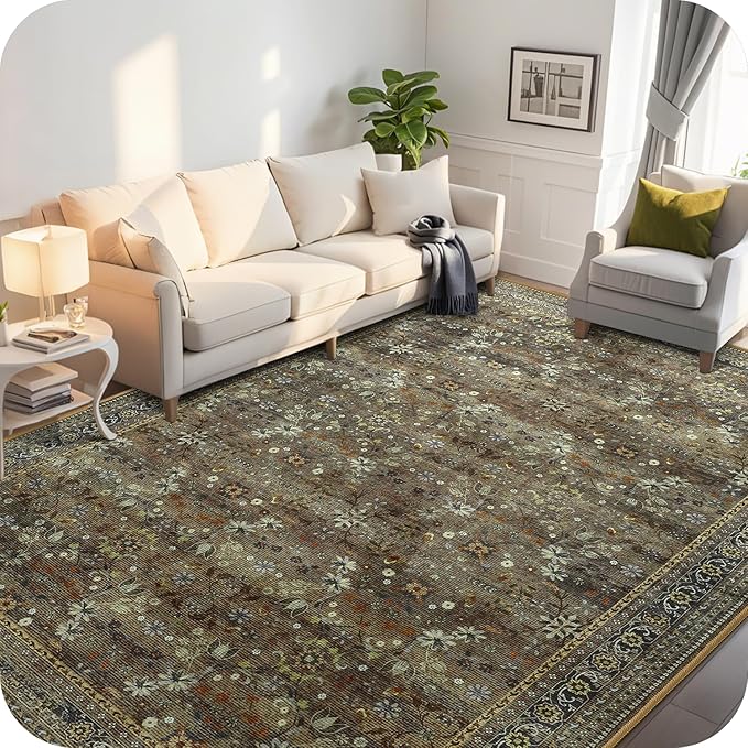 5x7 Machine Washable Area Rug for Living Room Dining Room, Vintage Floral Kitchen Rugs Non Slip, Traditional Indoor Floor Carpet for Bedroom, Farmhouse, Office Classroom Brown/Yellow