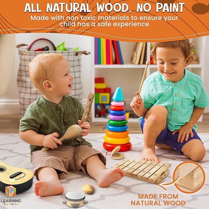 Natural Wood Musical Toys for Toddlers 1-3, Kids Musical Instruments set of 7 items Kids Guitar Egg shakers Flute Instruments Maracas Baby Xylophone Tambourine Castanets, Toddler learning Toys Experts