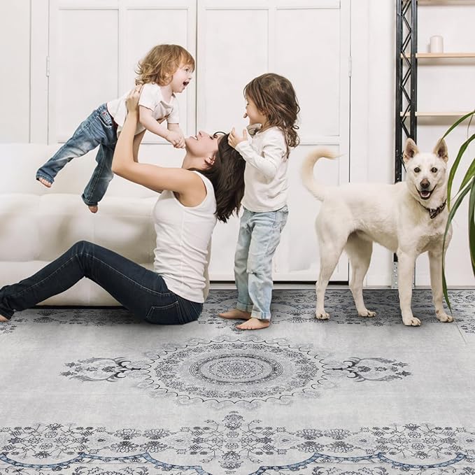 Washable 6x9 Area Rug for Living Room, Carpet for Bedroom Dining Room, Non Slip&Non-Shedding Resistant Low Pile Vintage Print Rug for Home Office (Grey/Blue)