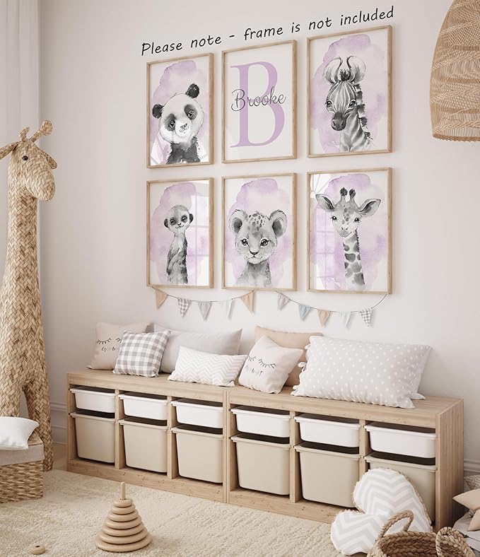 Safari Animals Set of 6 Unframed Poster Prints for Baby Girls Nursery Bedroom Playroom, Personalized Name, Choice of 12 Animals, Pink Purple (12x16)