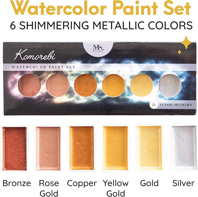 MozArt Supplies Komorebi Metallic Watercolor Paint Set – Set of 6 Shimmery Colors – Portable and Lightweight – For Artists, Students, Kids & Hobbyists - Metallic Watercolor Paints