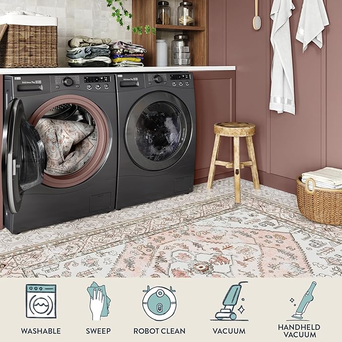 Lahome Boho Entryway Rugs Indoor - 2x3 Washable Area Rug Throw Small Rugs for Bedroom Girls Non-Slip Lightweight Bathroom, Vintage Print Floor Doormat Carpet for Kitchen Laundry Room (Pink, 2'x3')