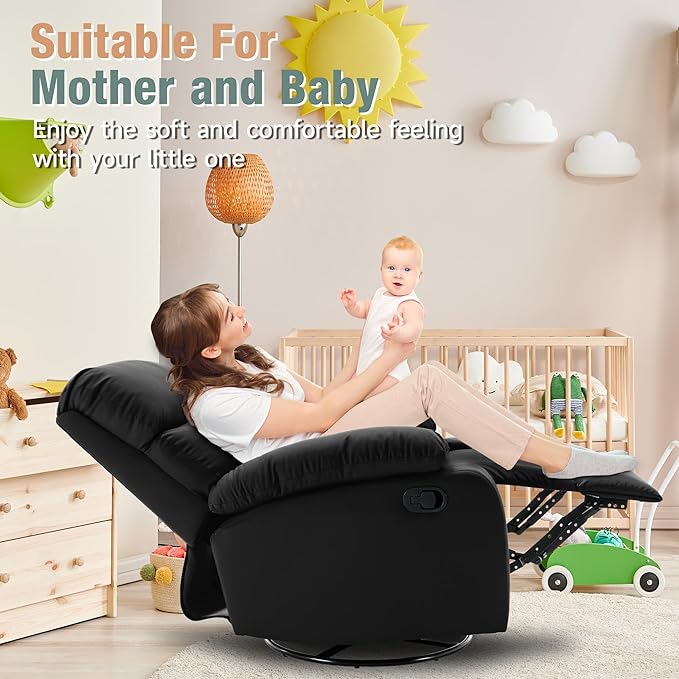 Swivel Rocker Recliner, Rocking Recliners Chair for Small Spaces, Small Rocker Recliner Chair, Nursery Rocking Chairs for Living Room, RV, Nursery, Black