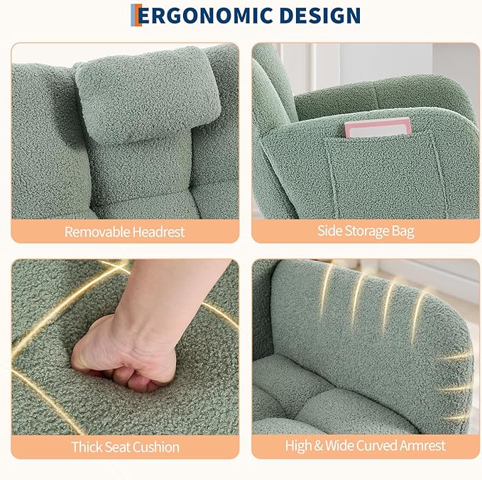 Nursery Rocking Chair,300Lb Glider Chair with Wood Legs/Two Side Pockets,Teddy Upholstered Glider Rocker with Padded Seat High Backrest for Living Room/Bedroom/Nursery