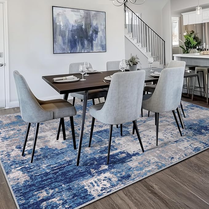 Washable Area Rugs 3'x5' Non-Slip Modern Abstract Soft for Living Room Entryway Bedroom Nursery, Print Pattern, Blue Grey Navy Gray