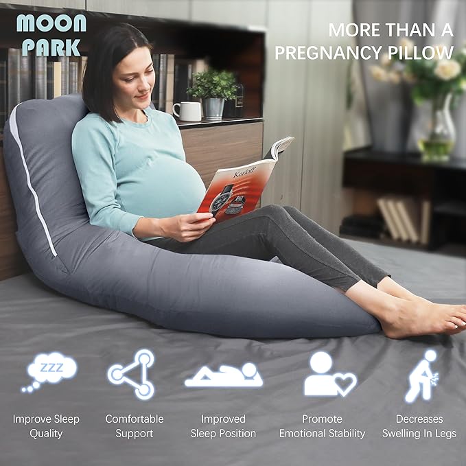 MOON PARK Pregnancy Pillows for Sleeping - U Shaped Full Body Maternity Pillow with Removable Cover - Support for Back, Legs, Belly, HIPS - 65 Inch - Dark Grey - Cooling Cover