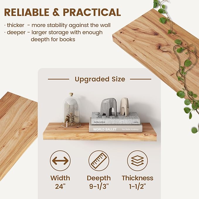 Rustic Elm Wood Floating Shelves for Wall, Live Edge 24"W x 9.2"D x 1.4"H, Set of 2 with Invisible Bracket, Wall Mounted Storage Shelves for Living Room Bedroom Kitchen Bathroom Decor, Natural Finish